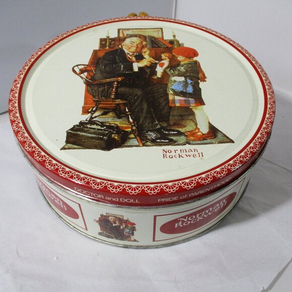 Vintage 1985 Norman Rockwell Ltd Ed Round Cookie Biscuit Tin Doctor & Doll - Picture 3 of 9